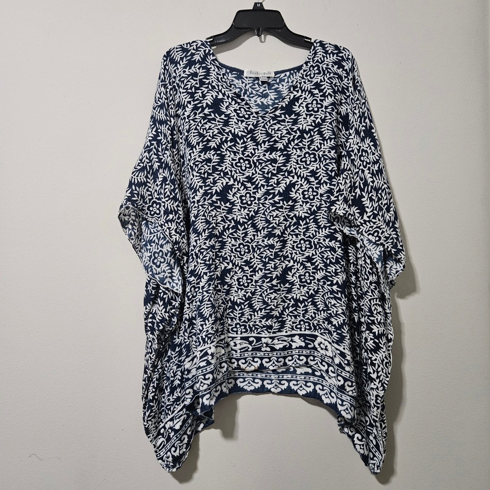 Back from Bali Womens Blue White Floral Batik Kaftan Top One Size Rayon Handmade